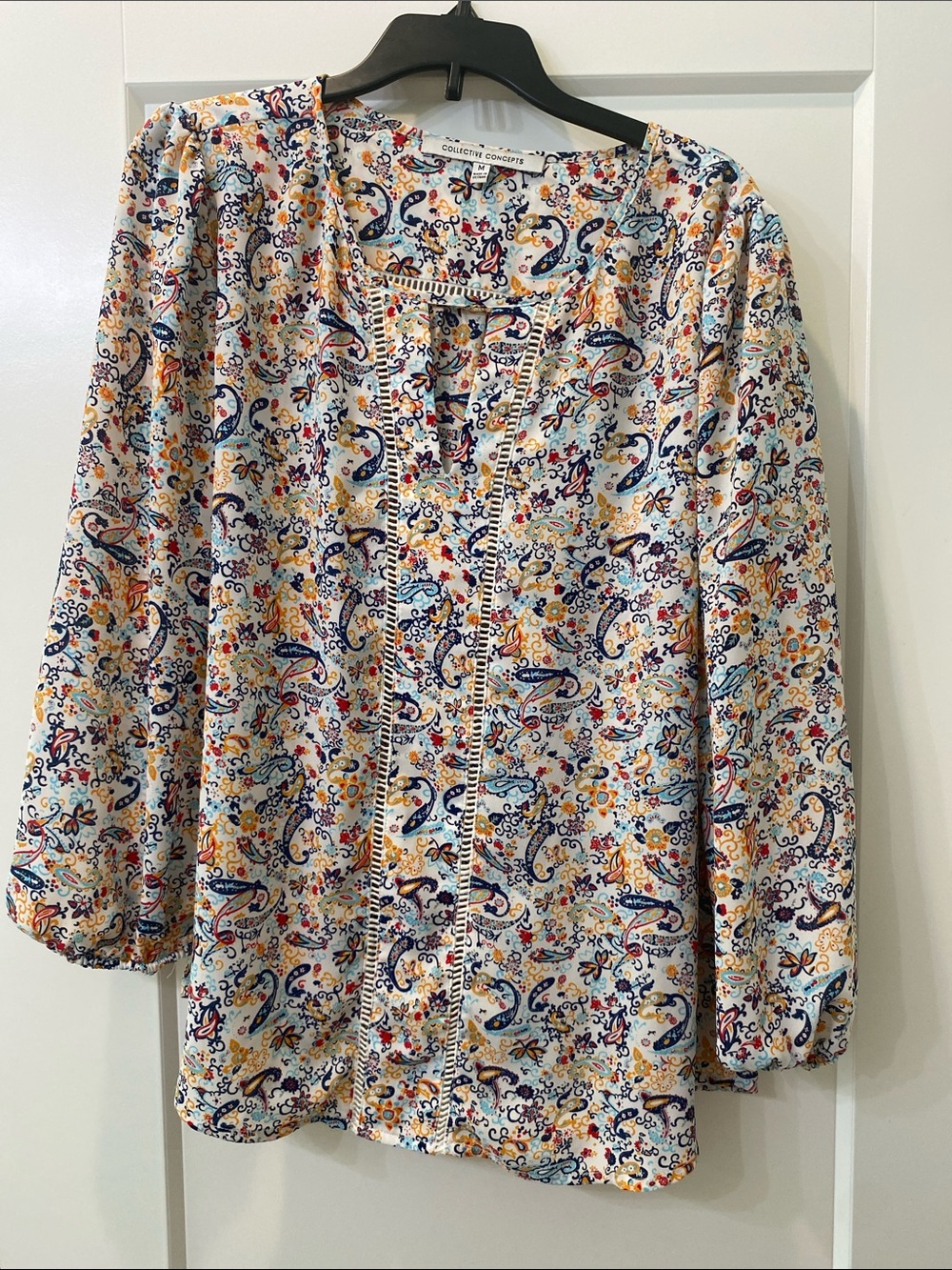 Collective Concepts Cream Paisley Peasant Top with Navy & Yellow Accents